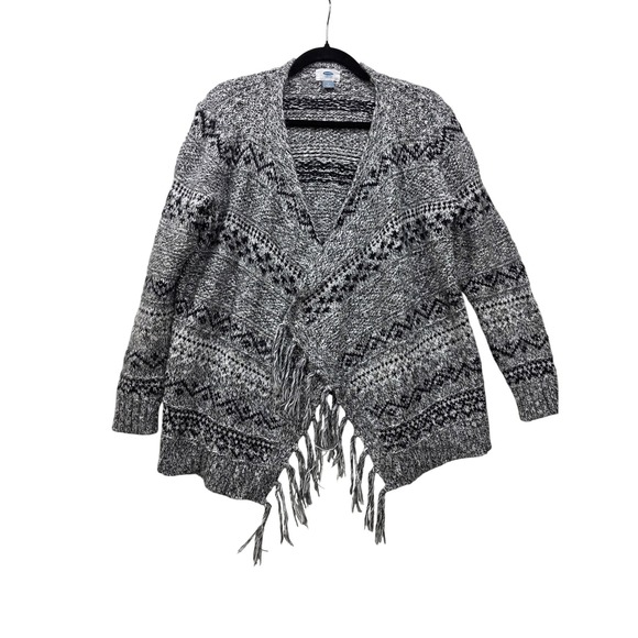 Old Navy Sweaters - Old Navy Womens Medium Black White Geometric Fringe Open Front Cardigan Sweater